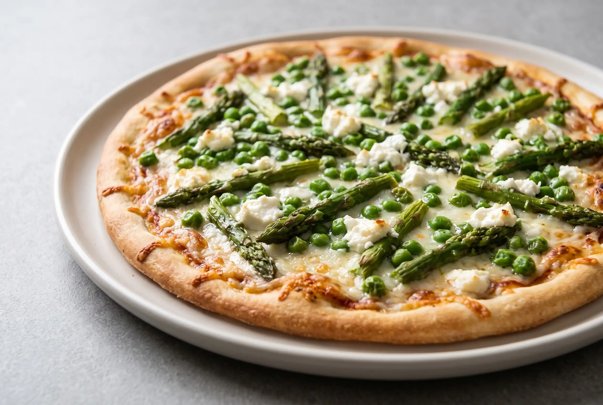 Asparagus pea pizza with goat cheese and vegetables on a plate