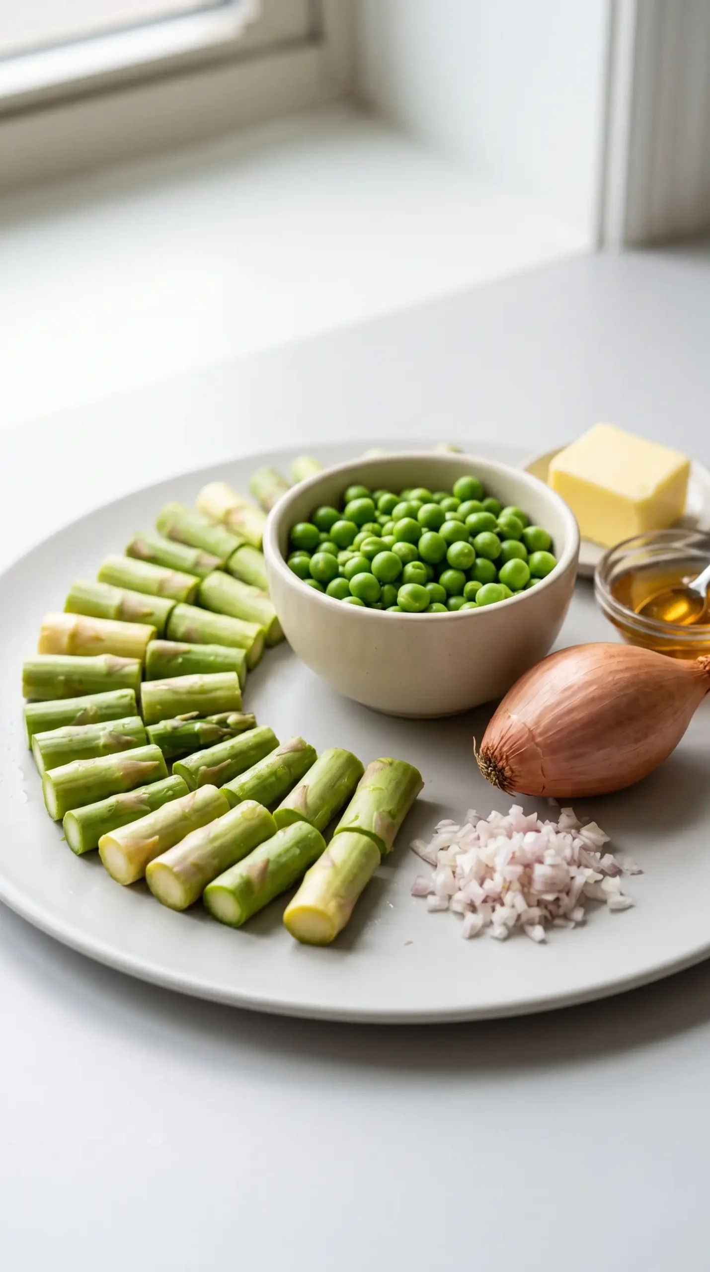 Fresh asparagus pieces, peas, shallot, butter, and honey arranged for a saute recipe