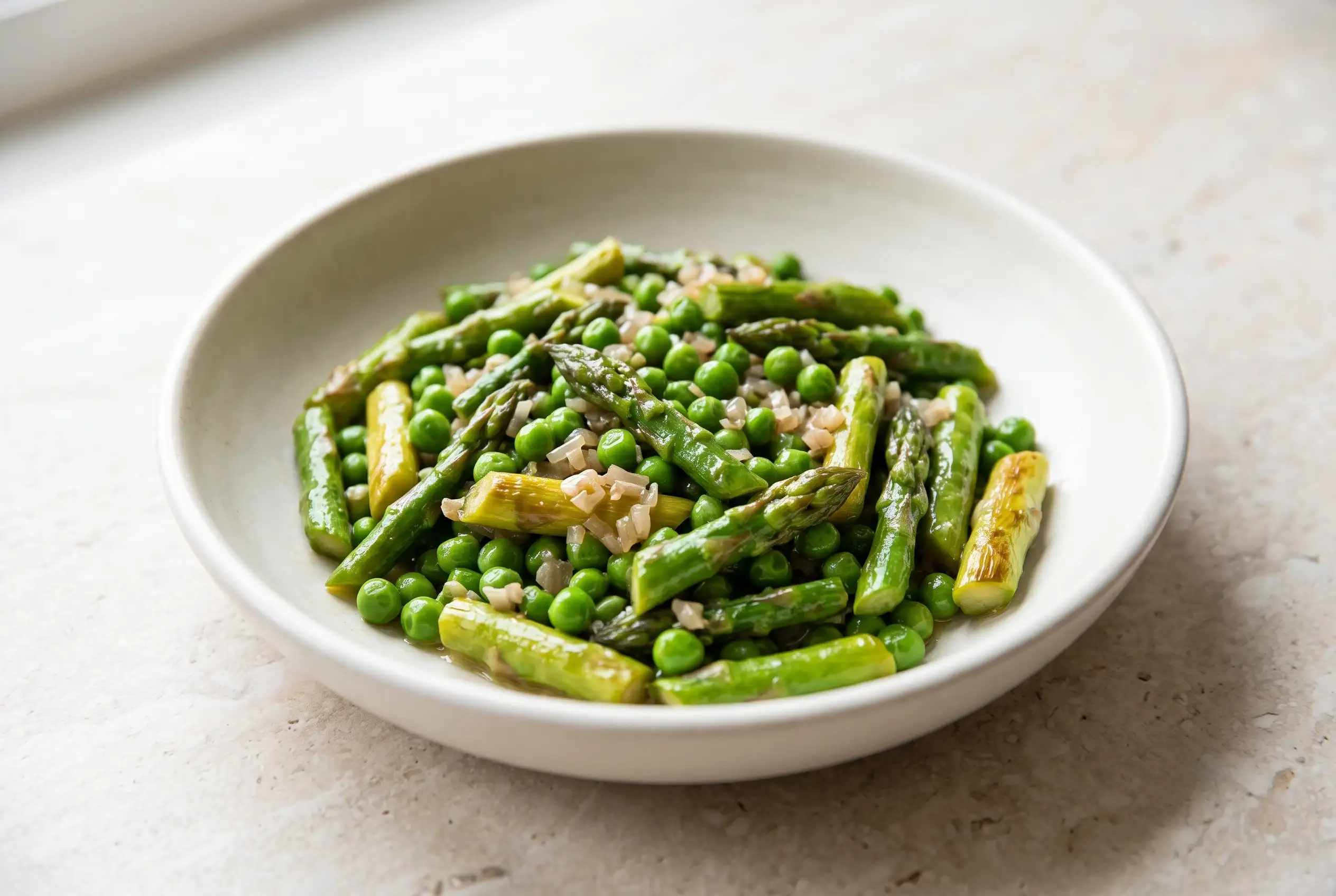Asparagus pea saute with butter, shallot and honey served in a shallow ceramic bowl
