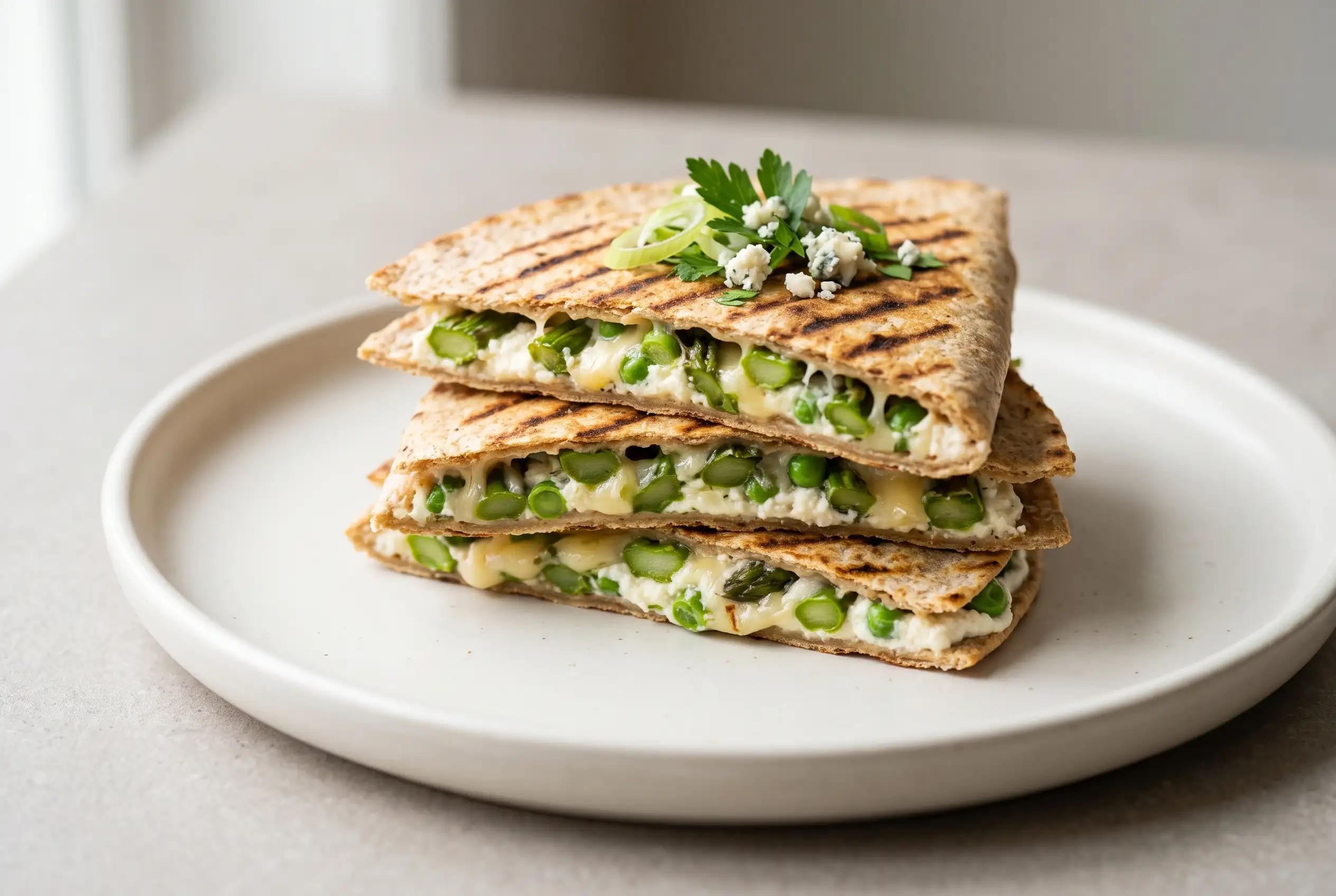 Stacked asparagus quesadilla lasagna wedges with ricotta, vegetables, and melted cheese