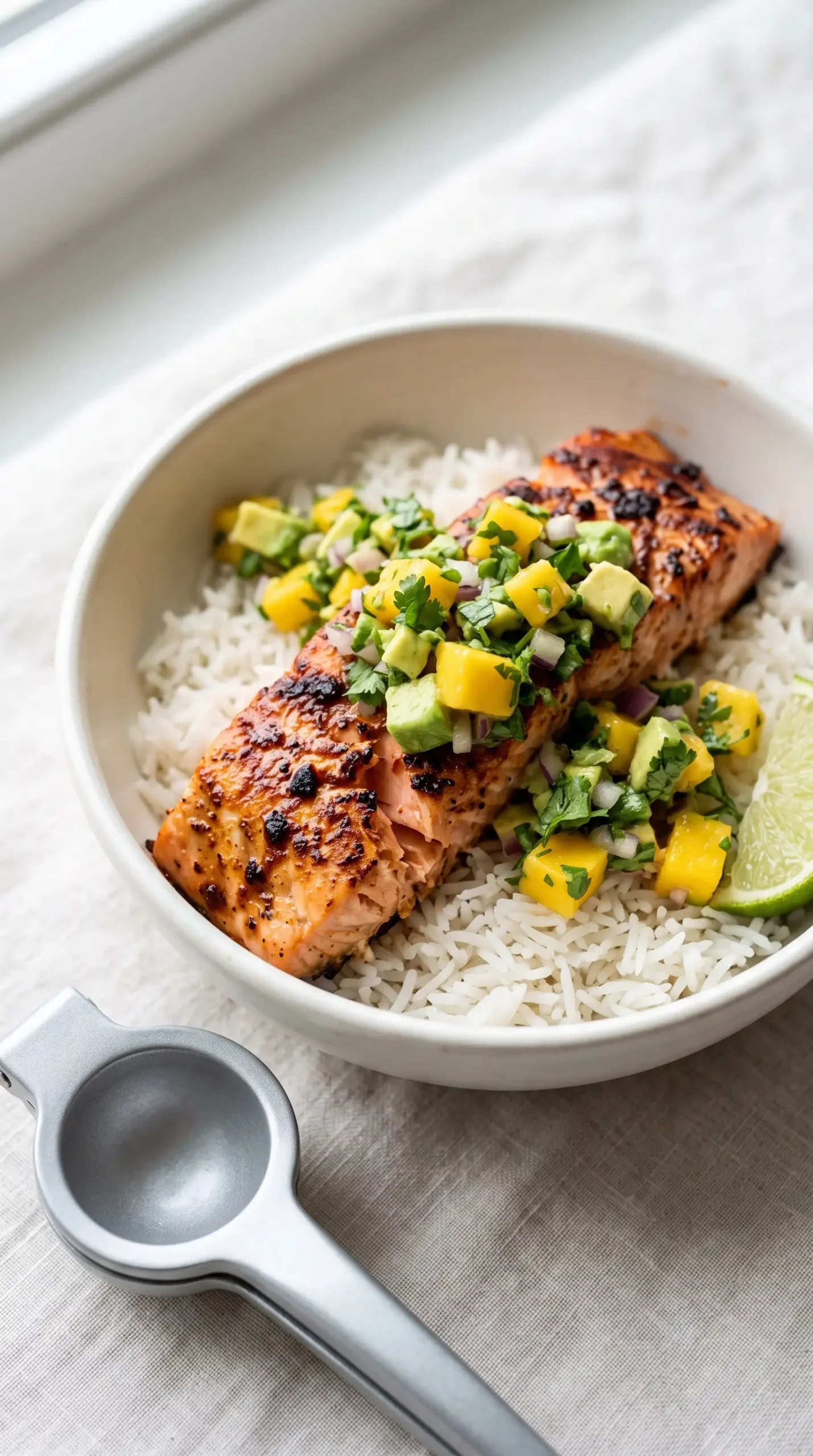 Finished BBQ salmon bowl layered with rice and mango avocado salsa