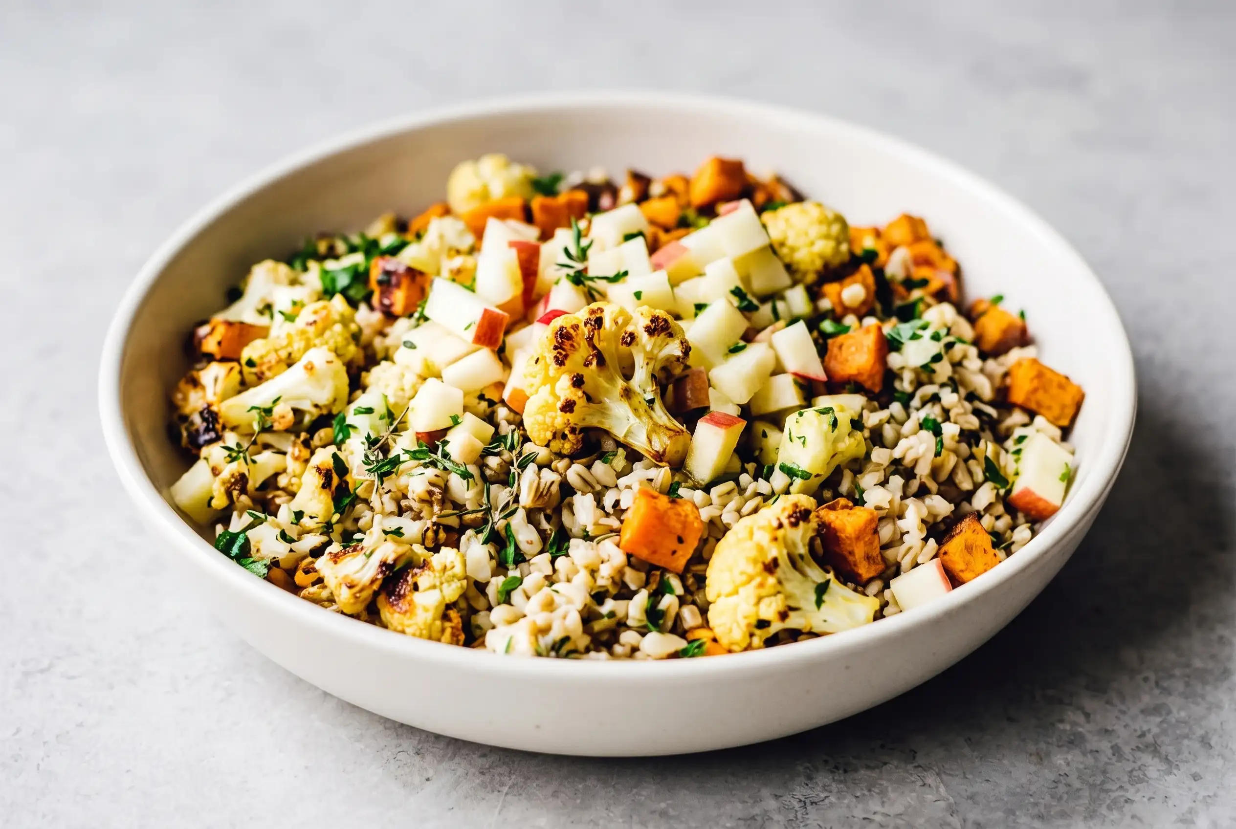 Autumn glow salad with roasted vegetables, freekeh, apple, parsley, and lemon dressing in a bowl