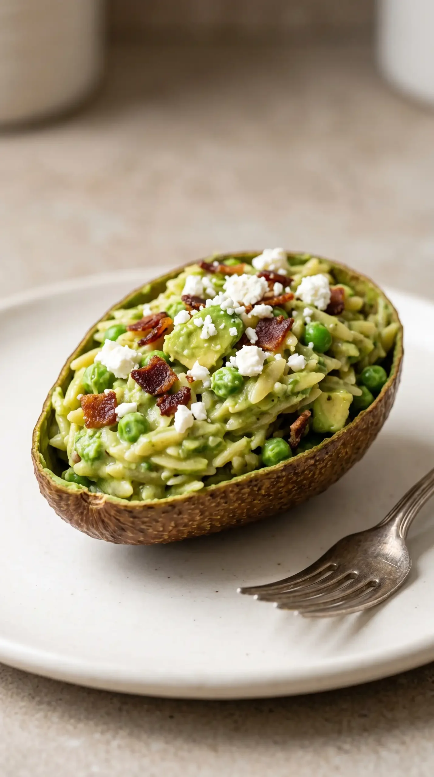 Avocado peel filled with avocado bacon orzo topped with peas, bacon, and feta