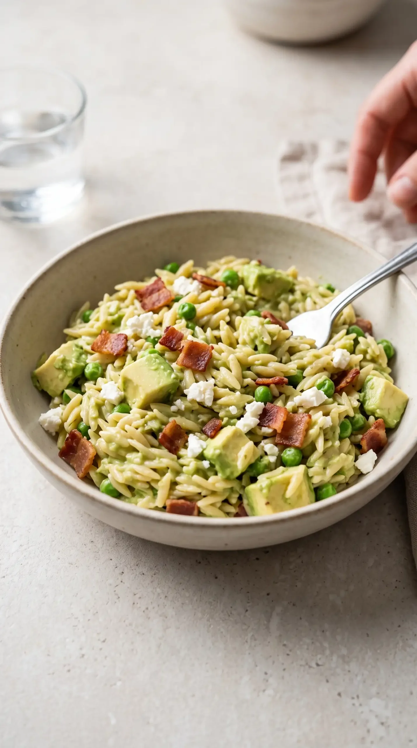 Avocado bacon orzo with creamy avocado, peas, bacon crumbles, and feta in a bowl
