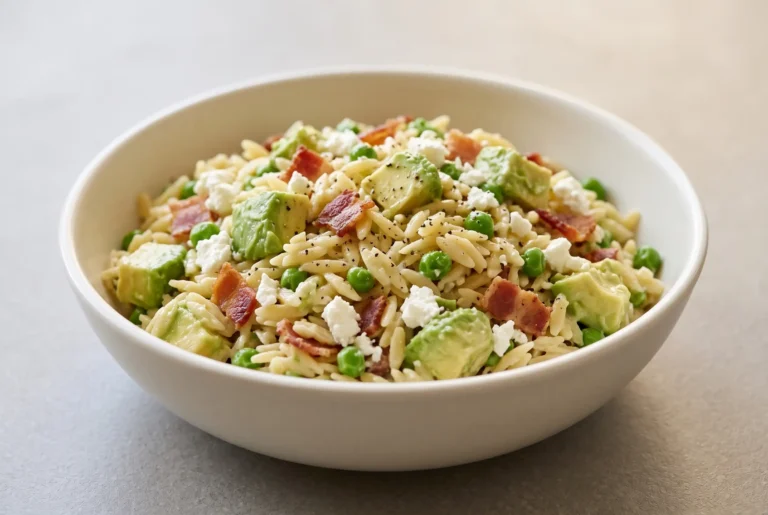 Avocado bacon orzo pasta salad with feta, peas, avocado, and bacon in a serving bowl