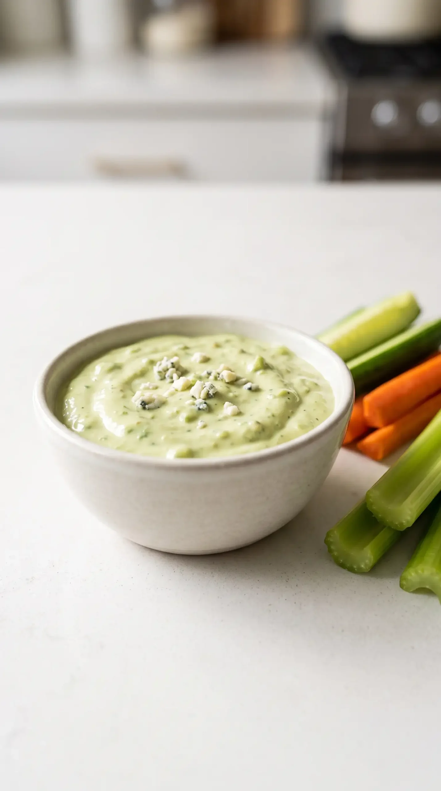 Avocado blue cheese dressing served as a dip with cucumber, carrots, and celery