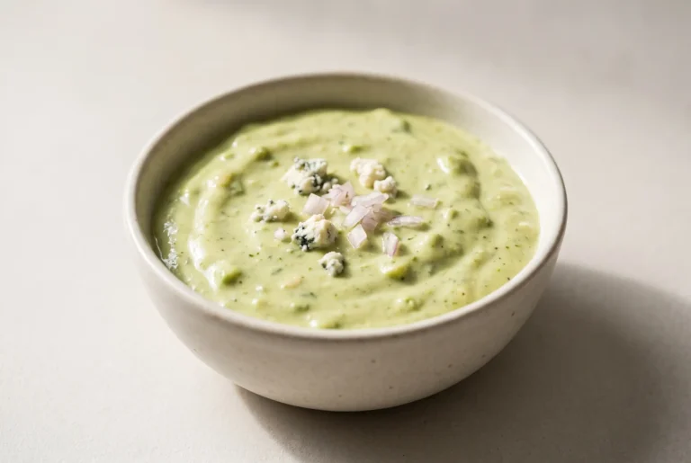 Avocado blue cheese dressing in a ceramic bowl with visible cheese crumbles and shallot pieces