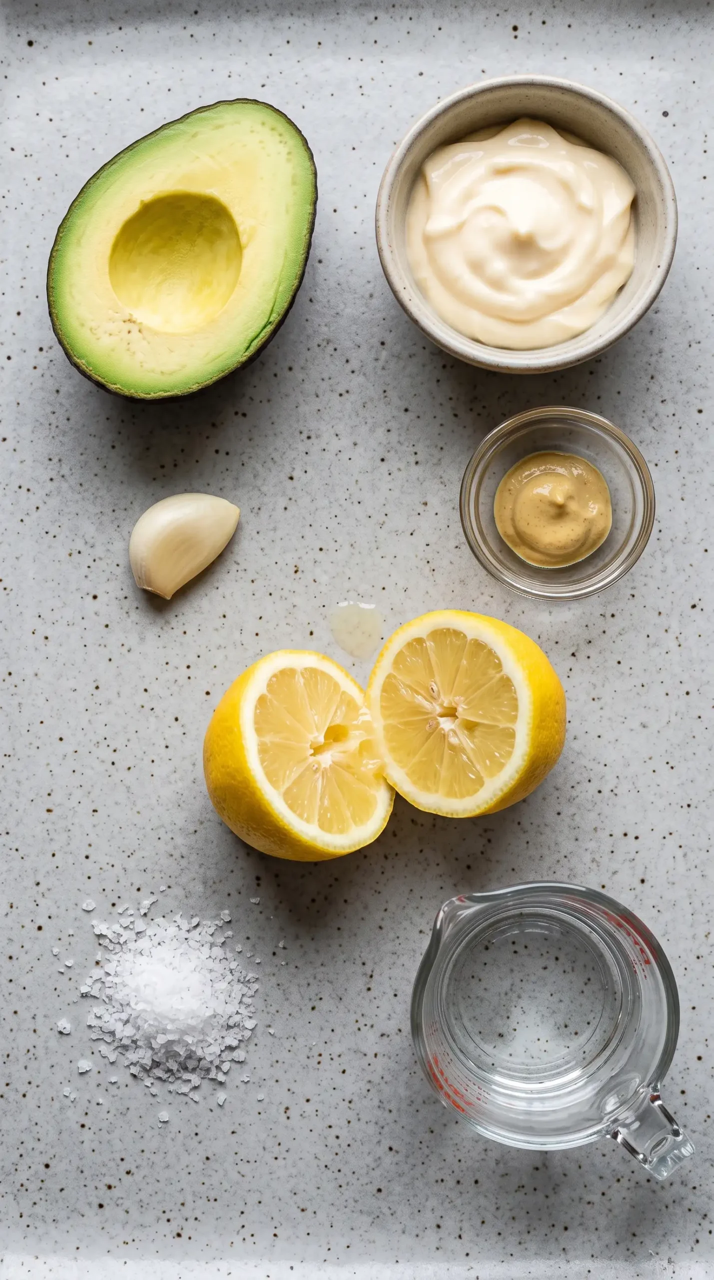 Ingredients for avocado Caesar dressing with avocado, mayonnaise, garlic, and lemon