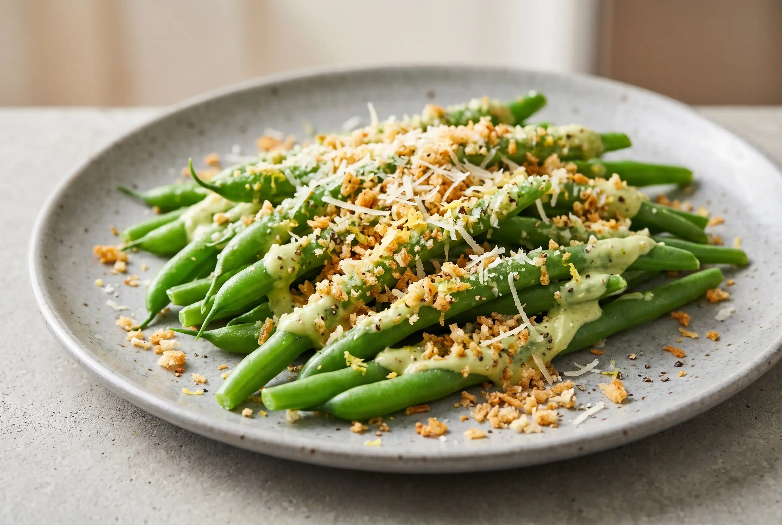 Avocado Caesar green beans with Parmesan and panko on a ceramic plate