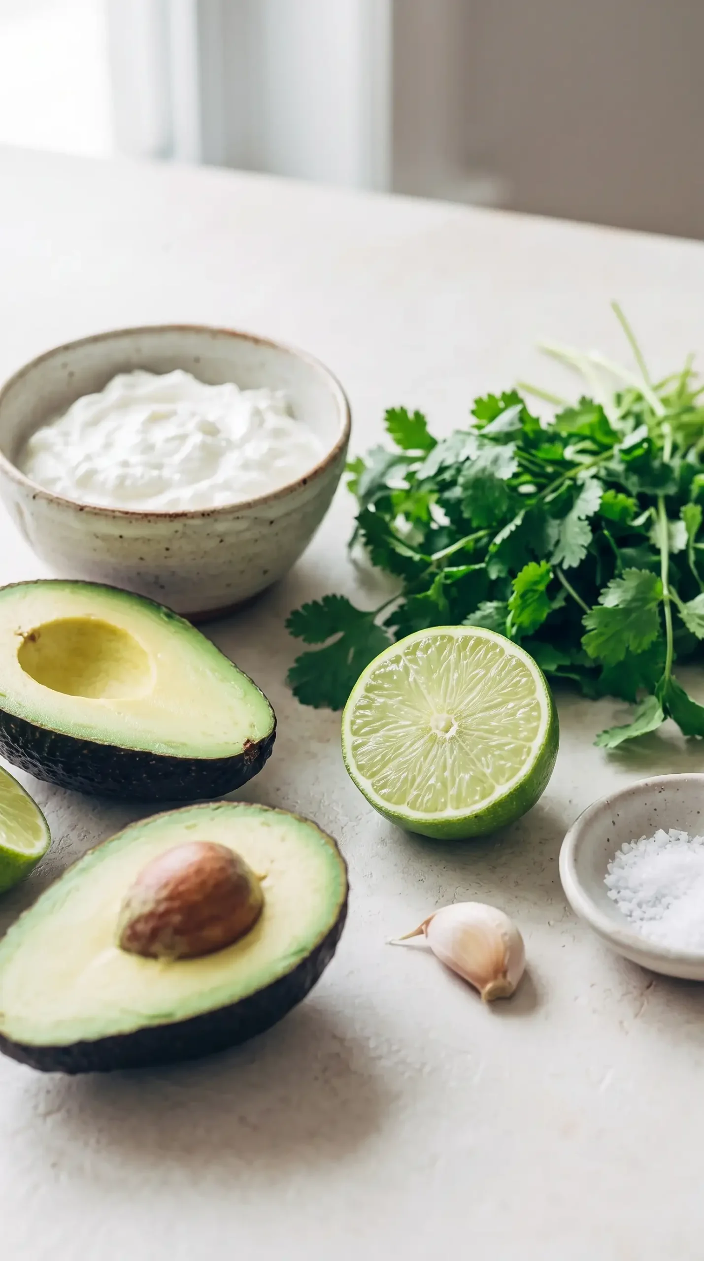 Avocado, Greek yogurt, cilantro, lime, garlic, and salt for avocado cilantro dressing