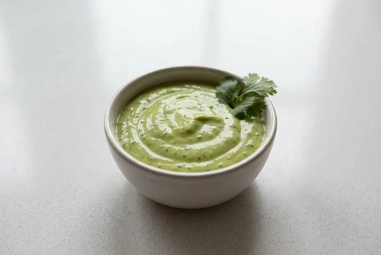 Creamy avocado cilantro dressing with Greek yogurt and lime in a small bowl