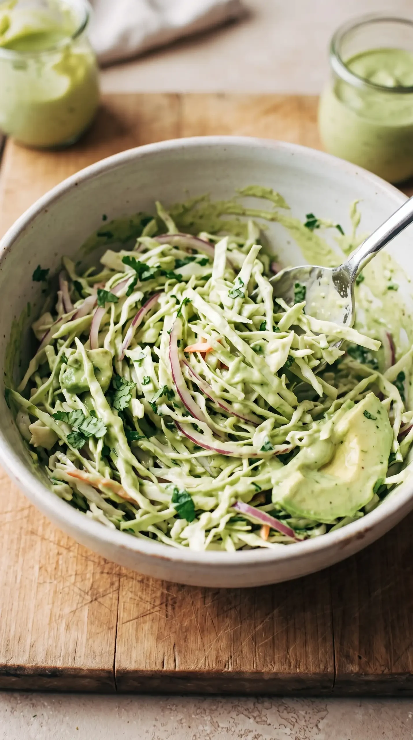 Shredded cabbage slaw being mixed with creamy avocado crema