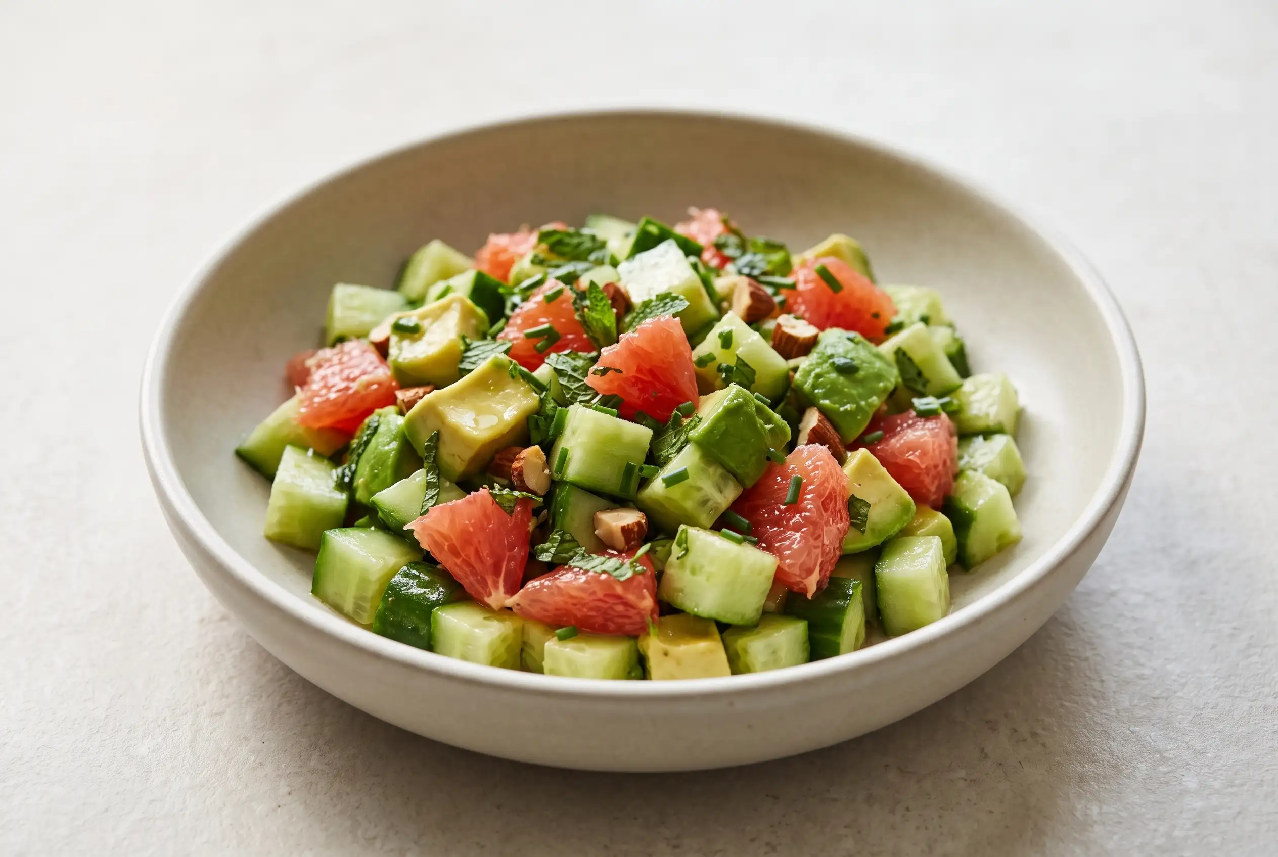 Avocado cucumber salad with grapefruit, herbs, and smoked almonds in a ceramic bowl