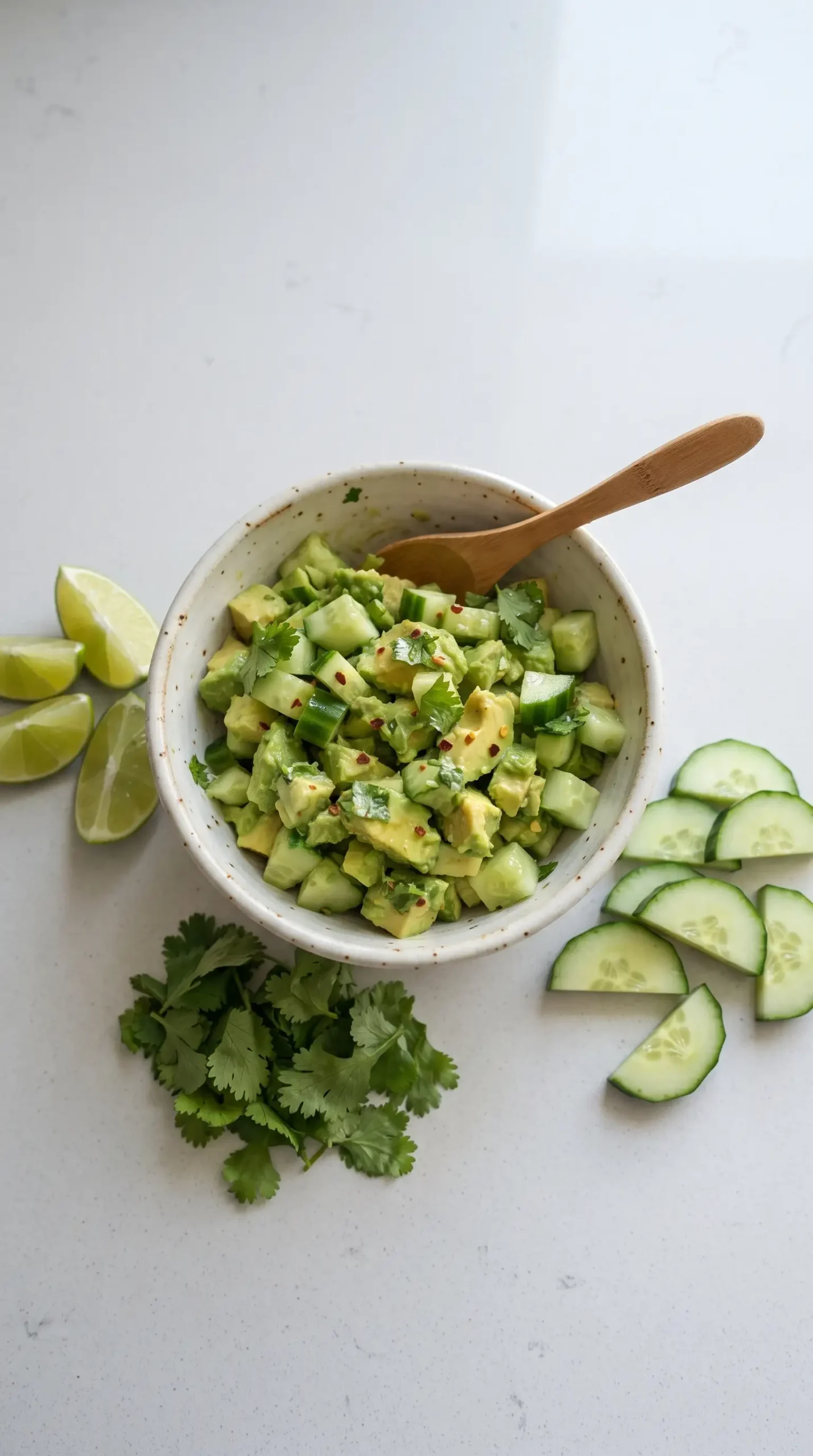 Avocado cucumber salsa with lime, cilantro, and fresh diced vegetables in a bowl