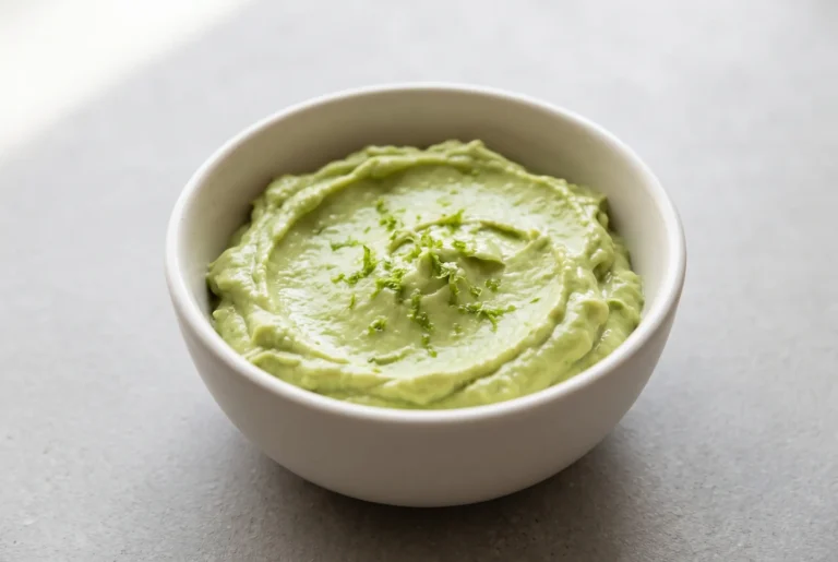 Creamy avocado dip with Greek yogurt served in a small bowl with a smooth pale-green texture