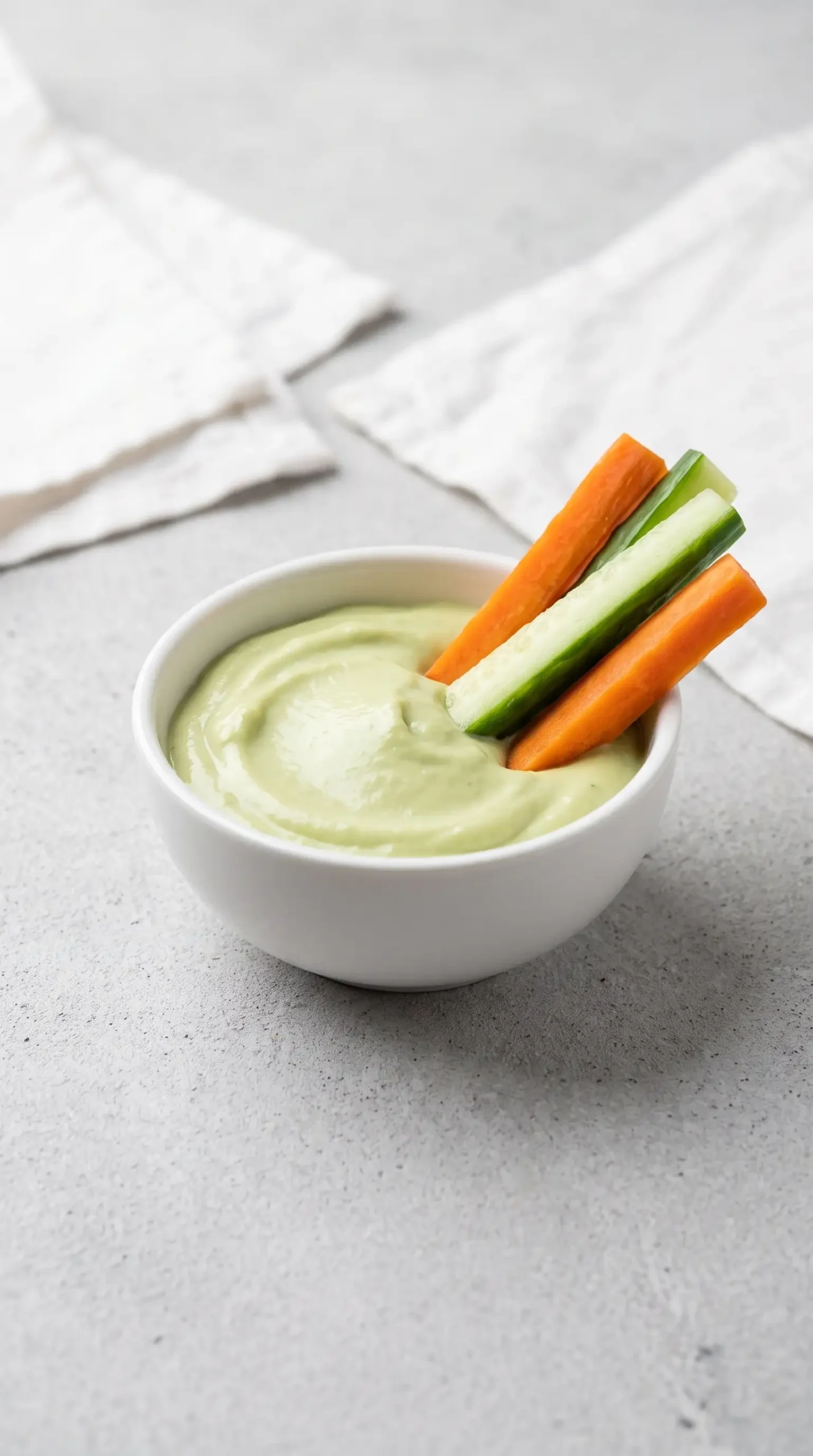 Bowl of creamy avocado dip served with fresh vegetable sticks for dipping