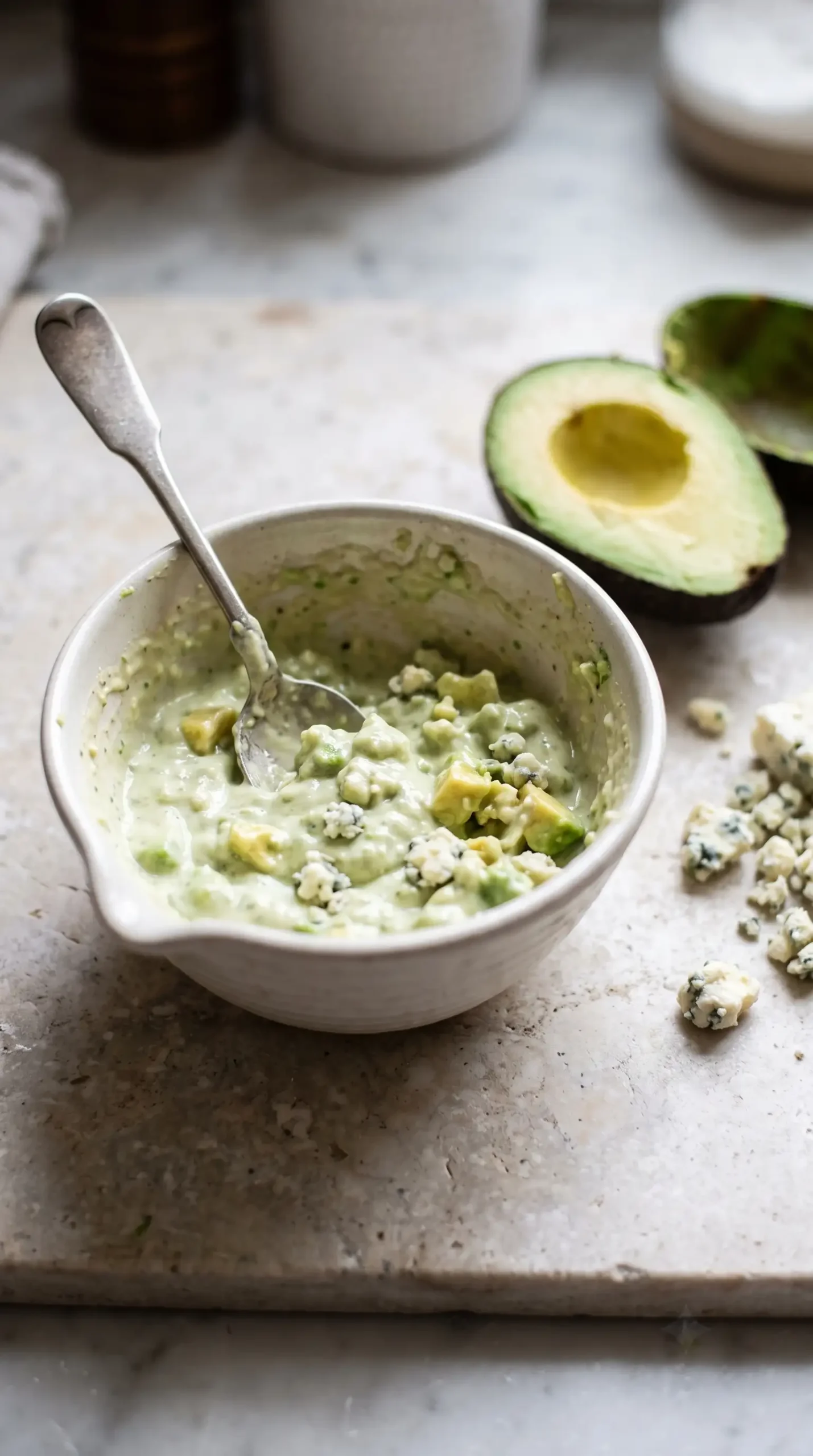Partially mashed avocado blue cheese dressing with avocado chunks and blue cheese crumbles