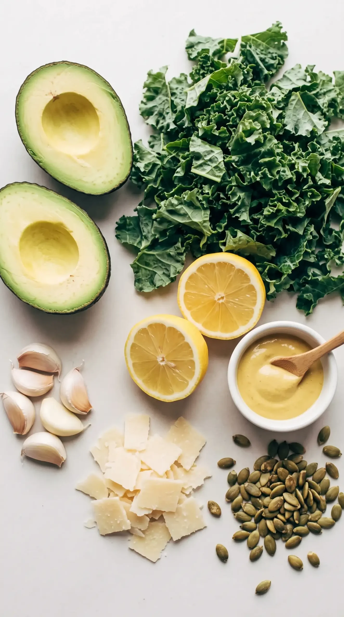 Avocado, kale, lemon, garlic, Parmesan, and pepitas prepared for Caesar salad