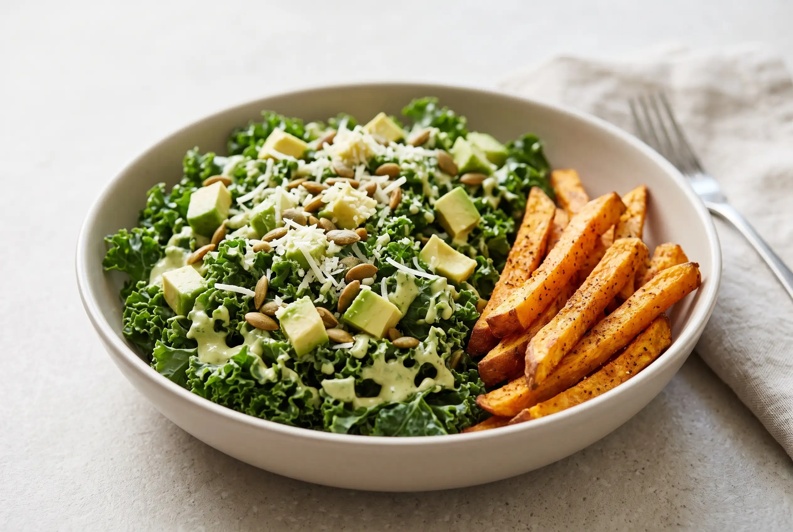 Avocado kale Caesar salad with creamy dressing, Parmesan, pepitas, and sweet potato fries