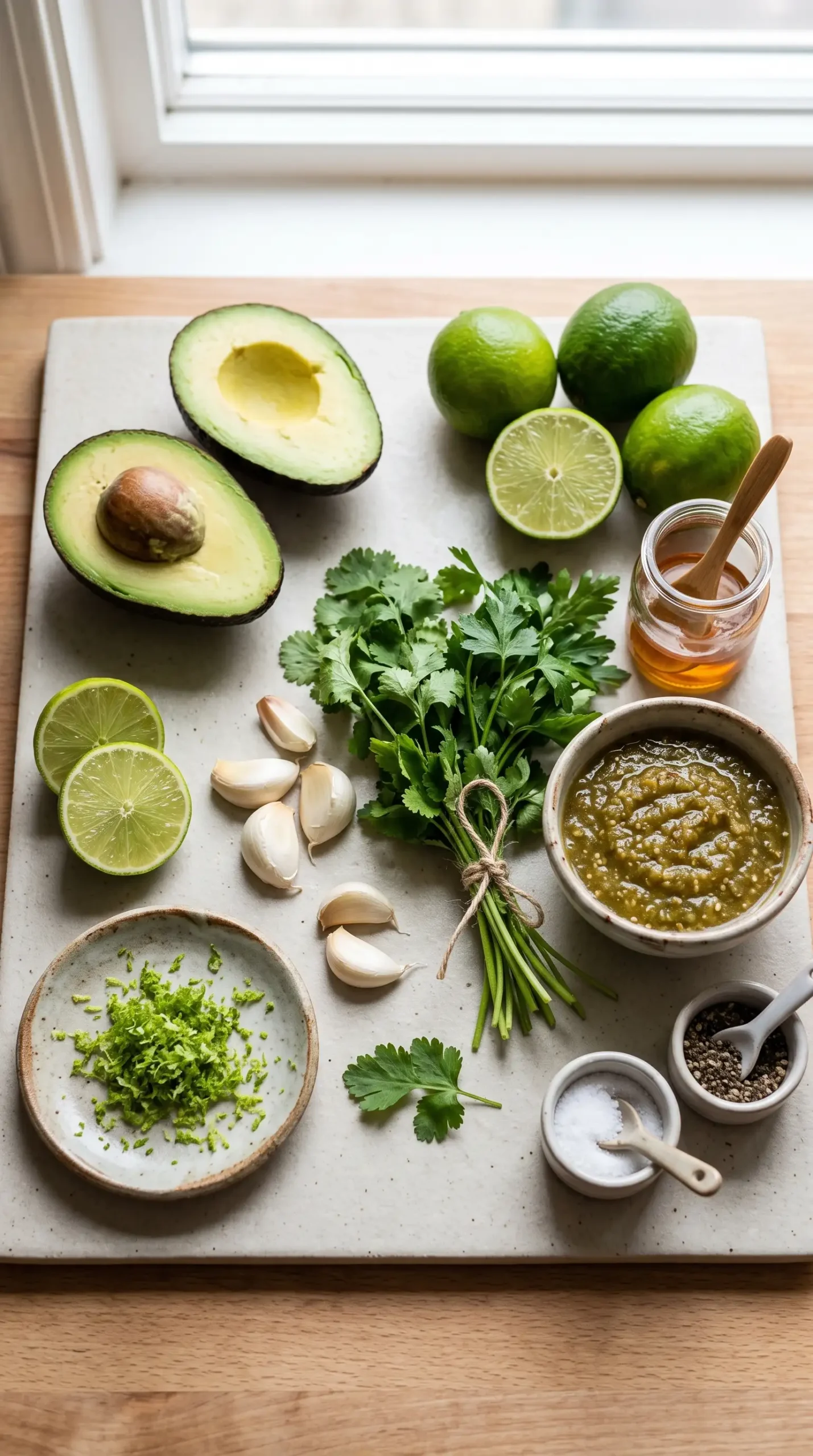 Fresh avocado, tomatillos, limes, herbs, garlic, and salsa verde ingredients