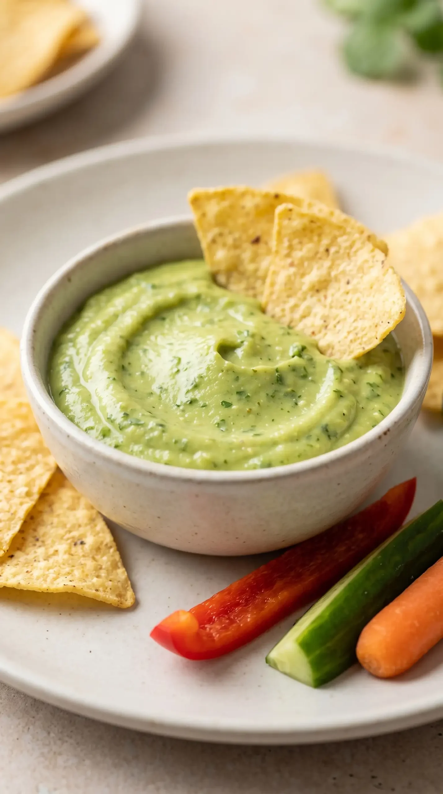 Finished avocado tomatillo dip served with tortilla chips and fresh vegetables