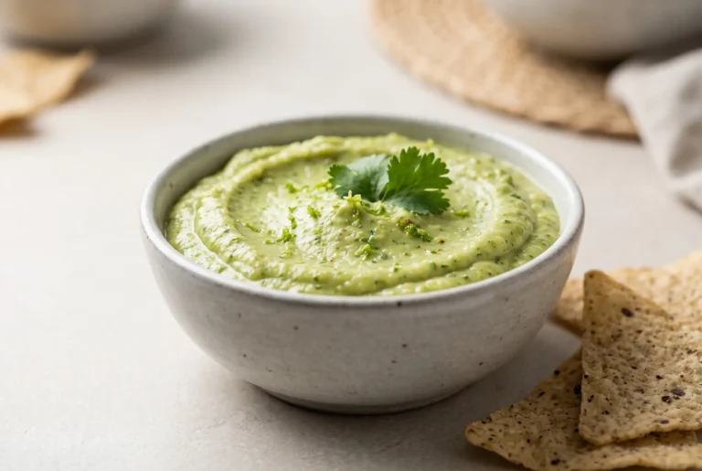 Avocado tomatillo dip in a ceramic bowl with tortilla chips and fresh herb garnish