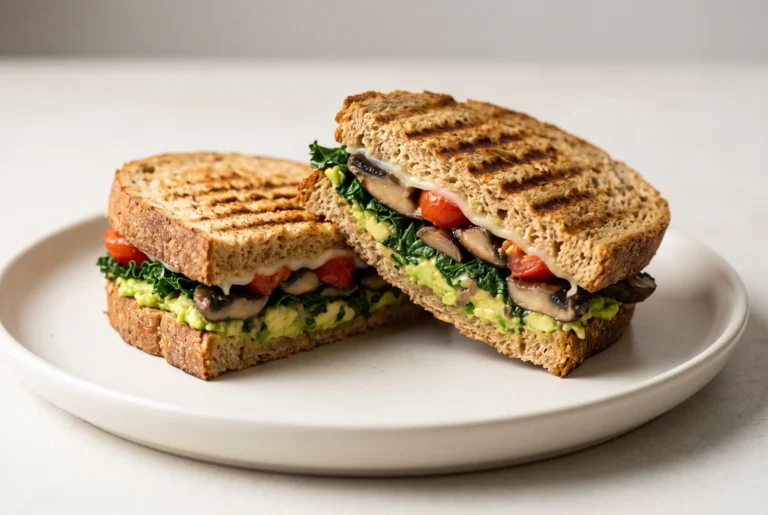 Avocado veggie panini cut in half with mushrooms, kale, tomatoes, and avocado filling