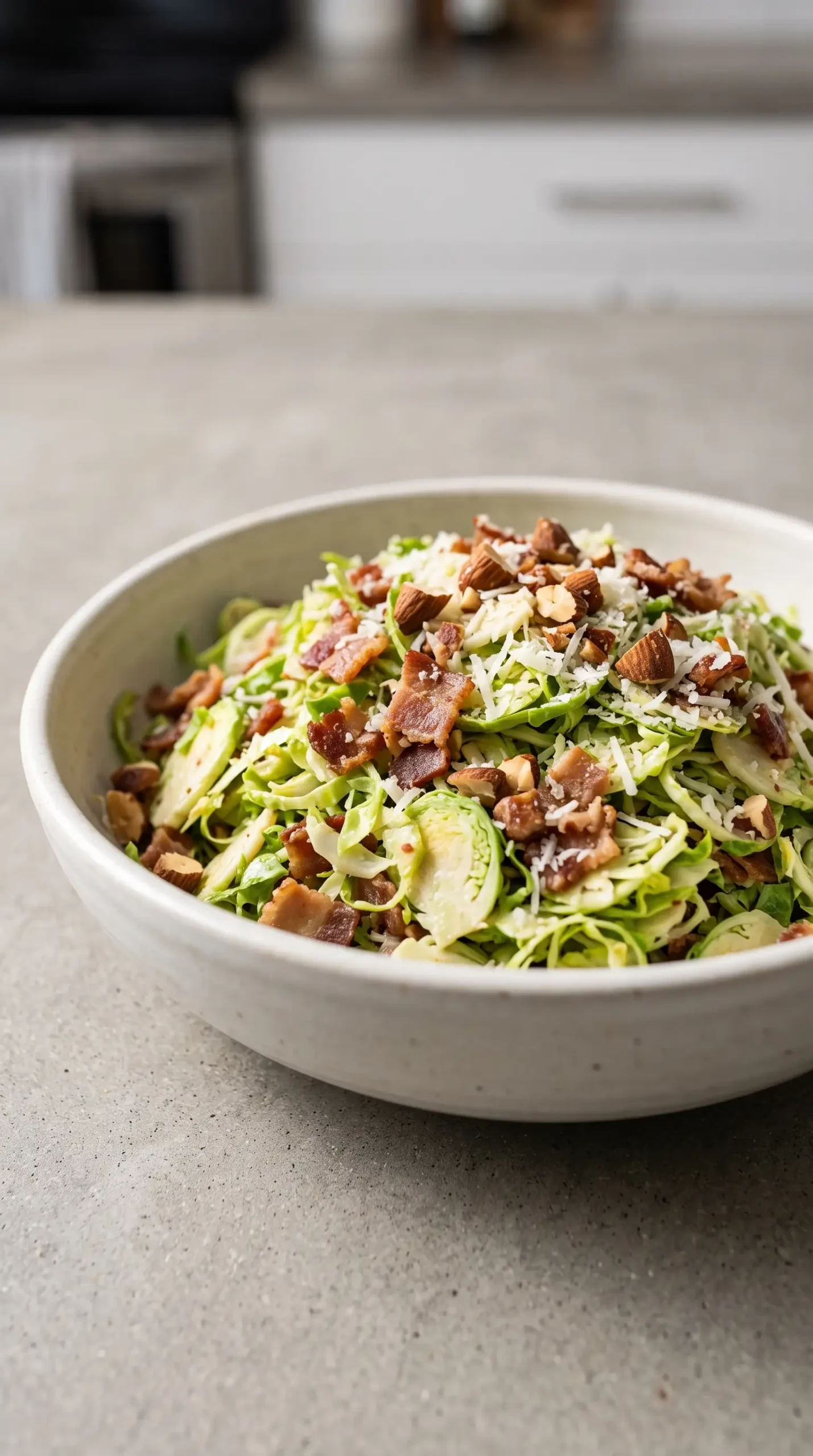 Bacon and Brussels sprout salad with shaved greens, almonds, Parmesan, and citrus dressing