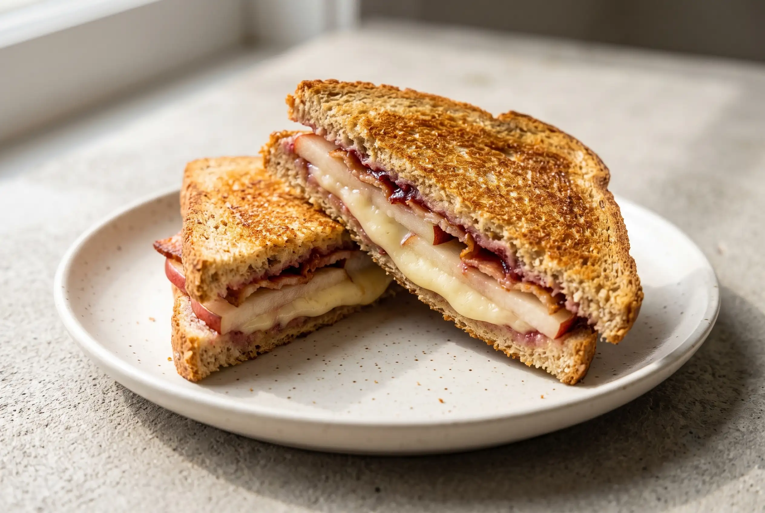 Bacon pear grilled cheese sandwich cut open with melted Muenster cheese, pear, bacon, and raspberry preserves