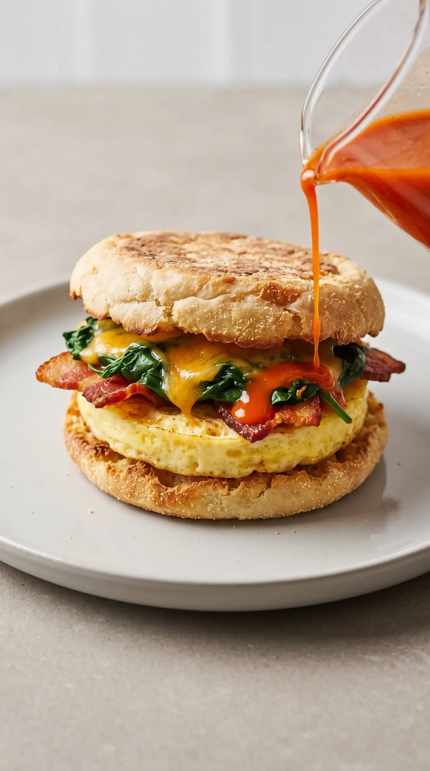 Bacon spinach breakfast sandwich opened to show egg, cheese, and sauce layers