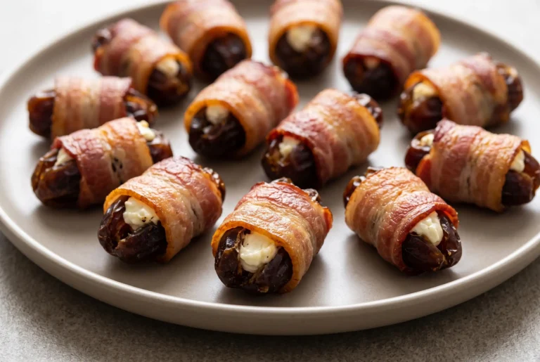 Bacon wrapped dates with goat cheese served on a ceramic plate with crisp browned bacon and creamy filling