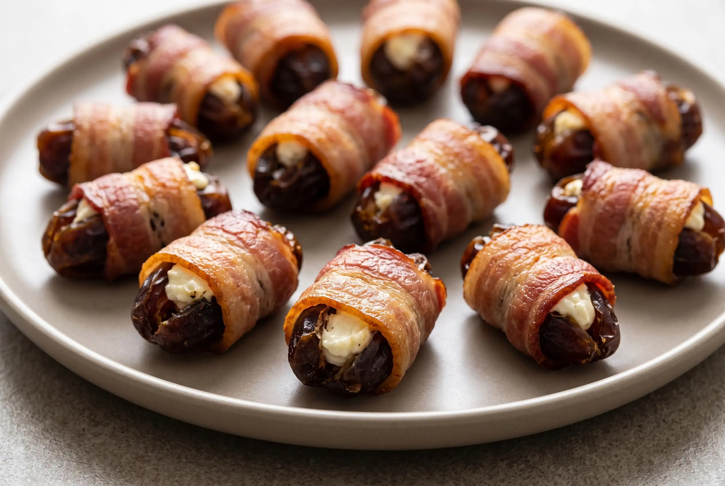 Bacon wrapped dates with goat cheese served on a ceramic plate with crisp browned bacon and creamy filling