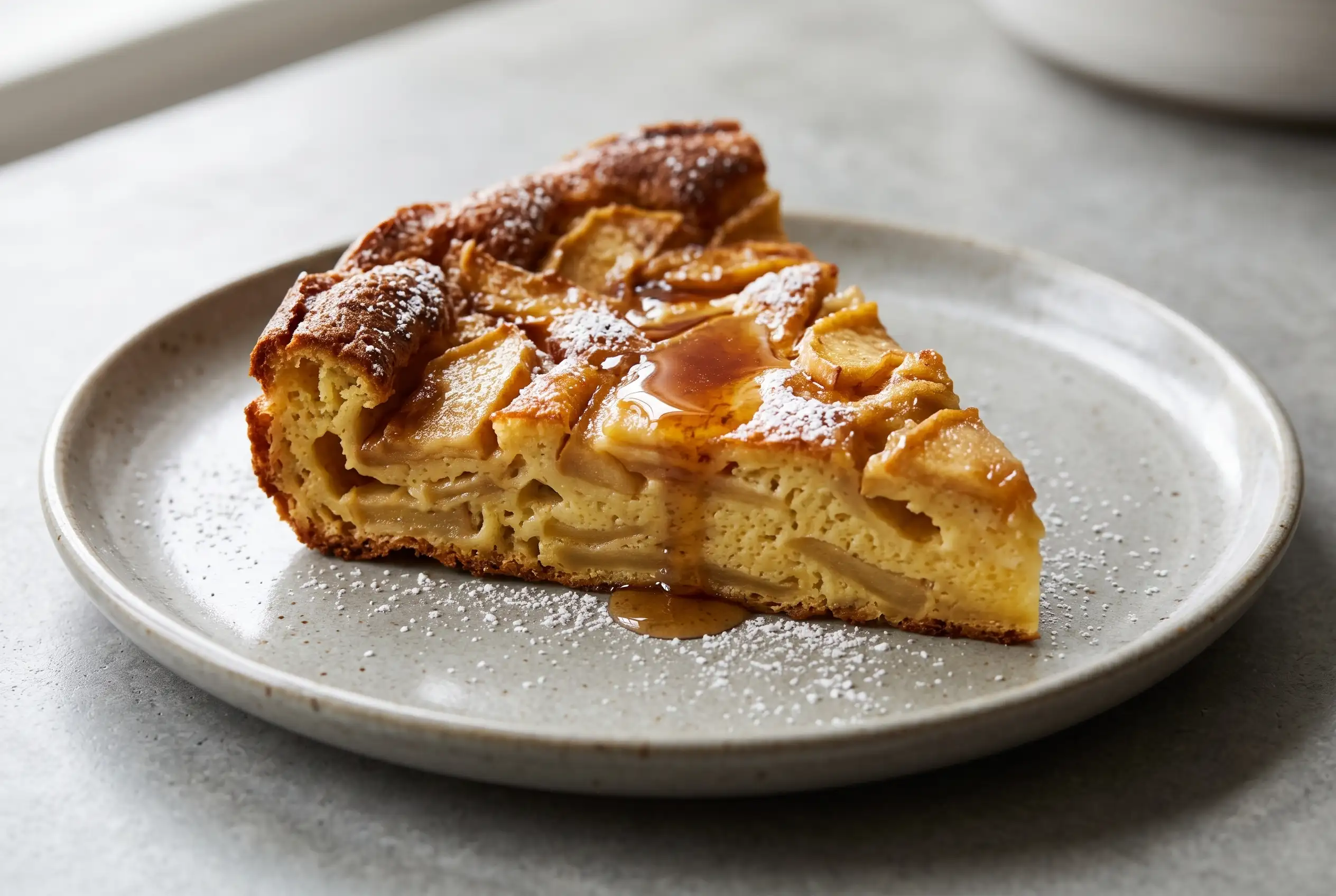 Baked apple pancake slice with caramelized apples, powdered sugar, and apple cider syrup