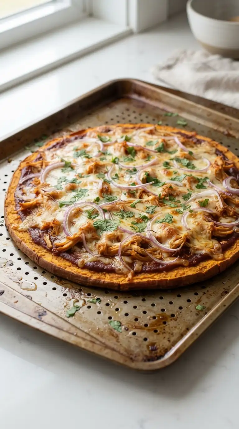 Baked BBQ chicken pizza with melted mozzarella and a firm sweet potato crust