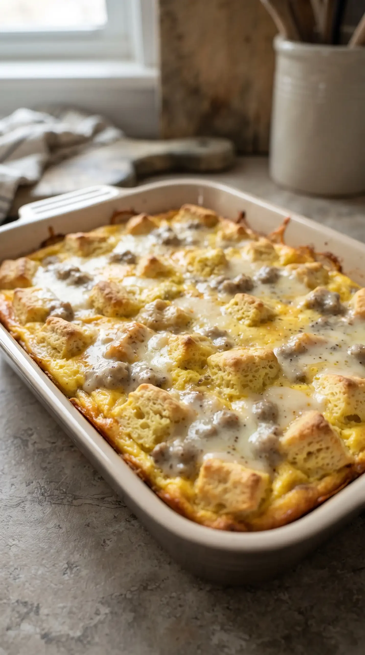 Baked biscuits and gravy egg bake casserole with biscuit pieces and cheddar
