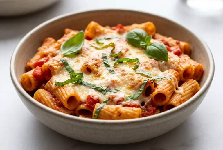 Baked Caprese rigatoni with tomato sauce, melted cheese, and fresh basil