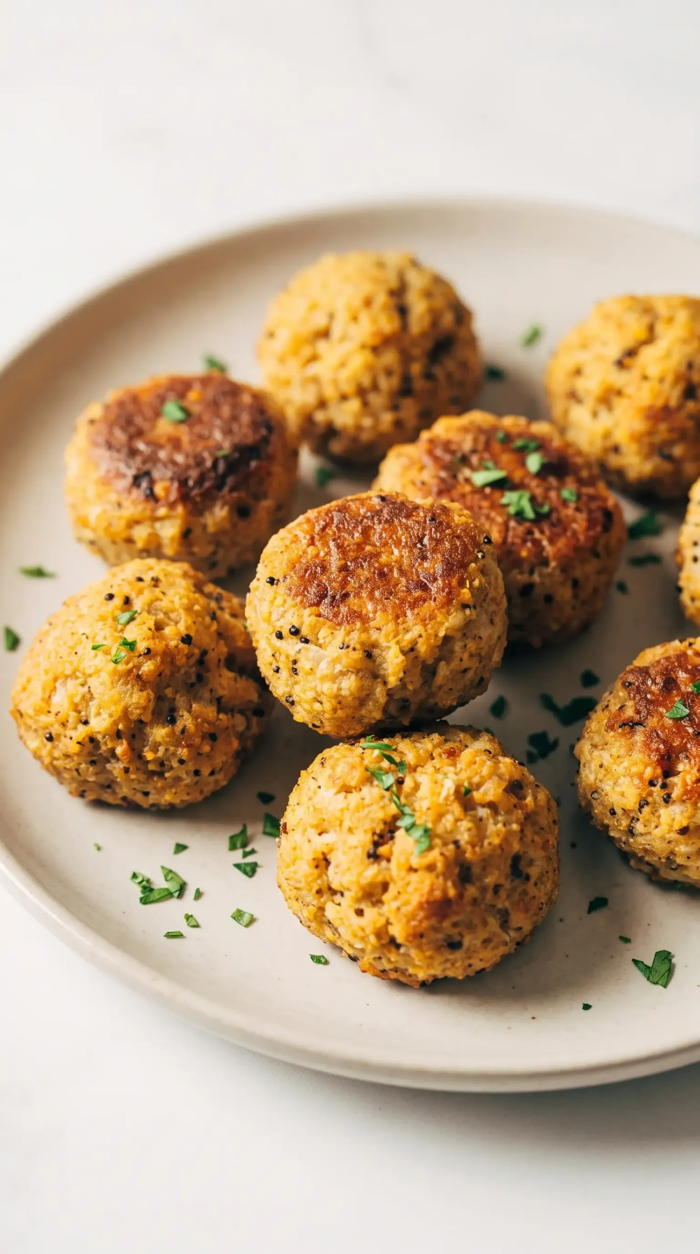 Baked cauliflower quinoa vegetarian meatballs with a golden exterior