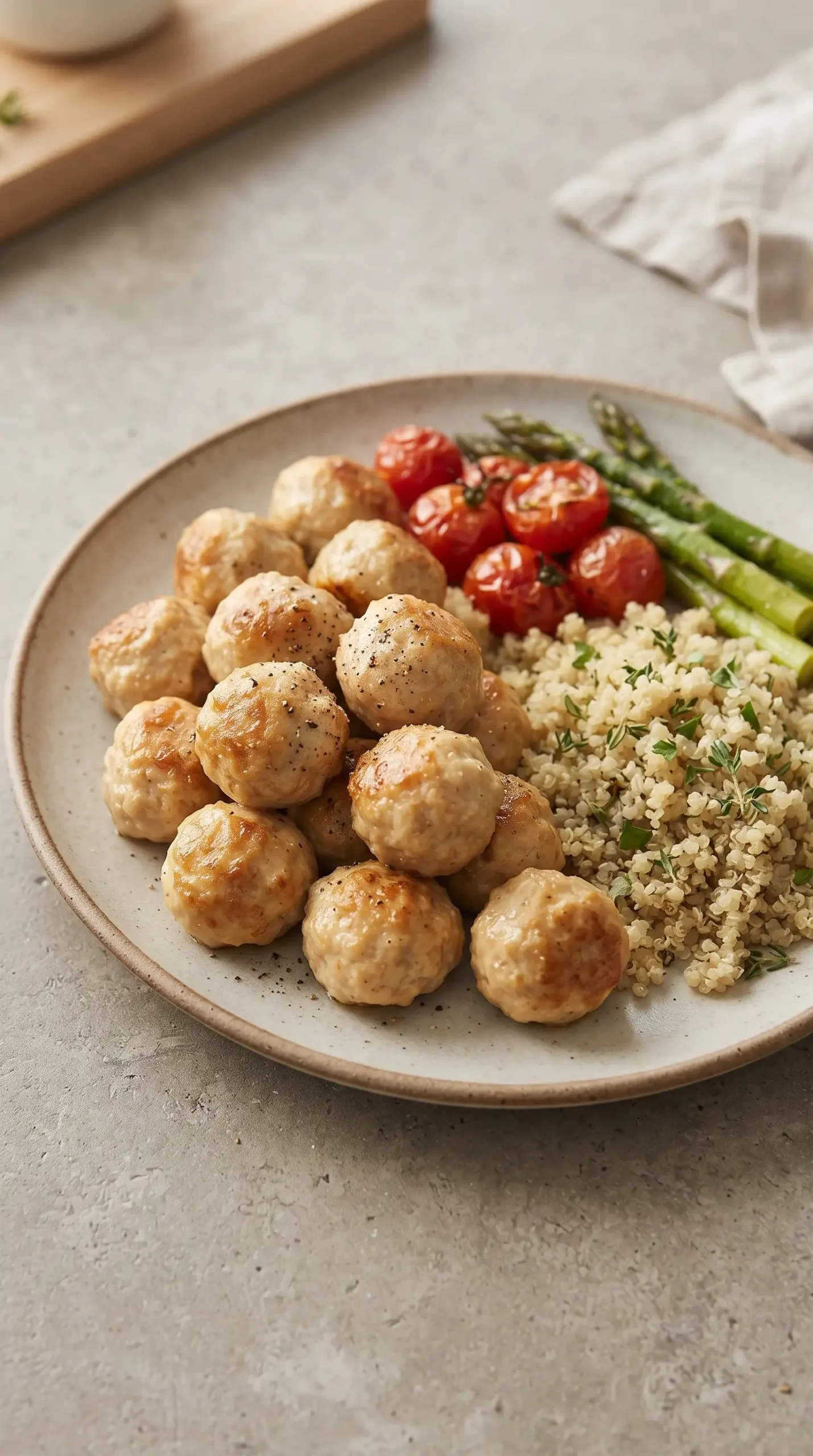 Baked chicken meatballs served with vegetables and a grain side