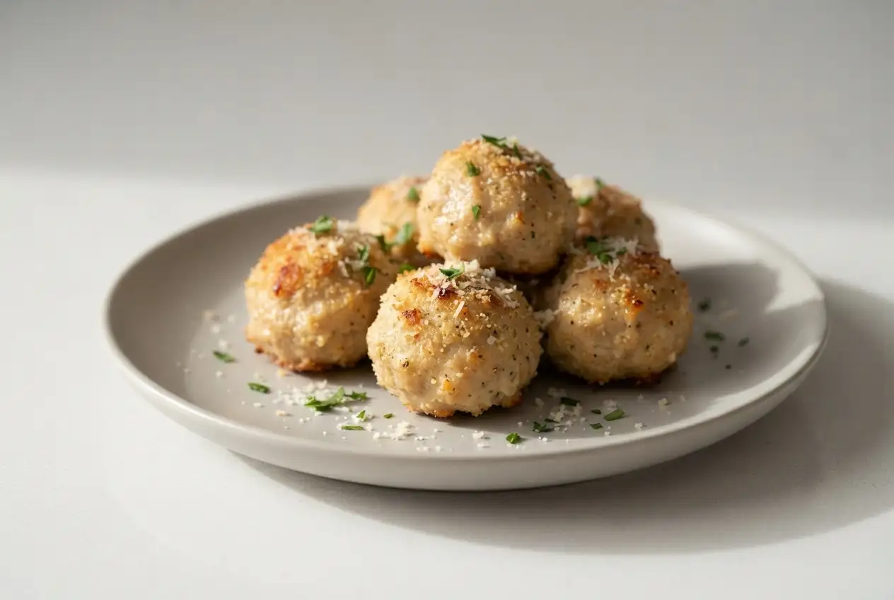 Baked chicken meatballs with golden browned surfaces on a ceramic plate