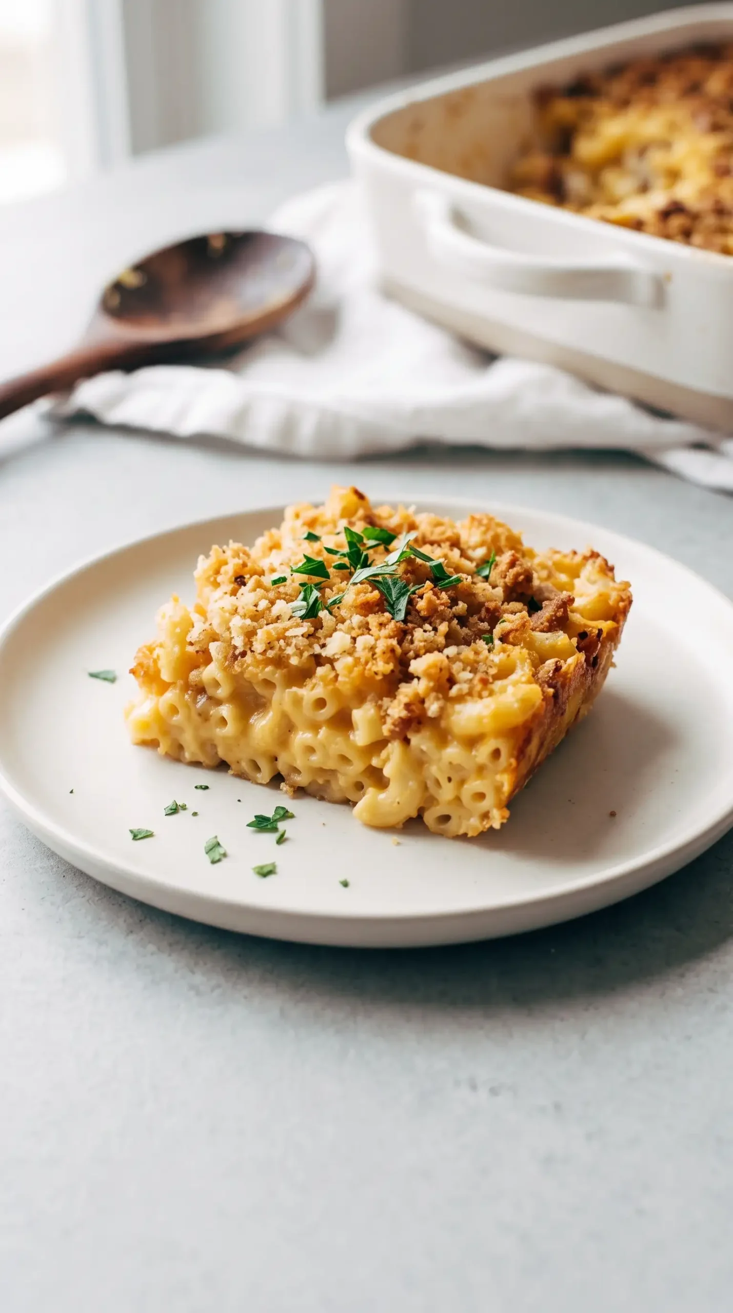 Serving of baked mac and cheese with creamy interior and toasted breadcrumb crust