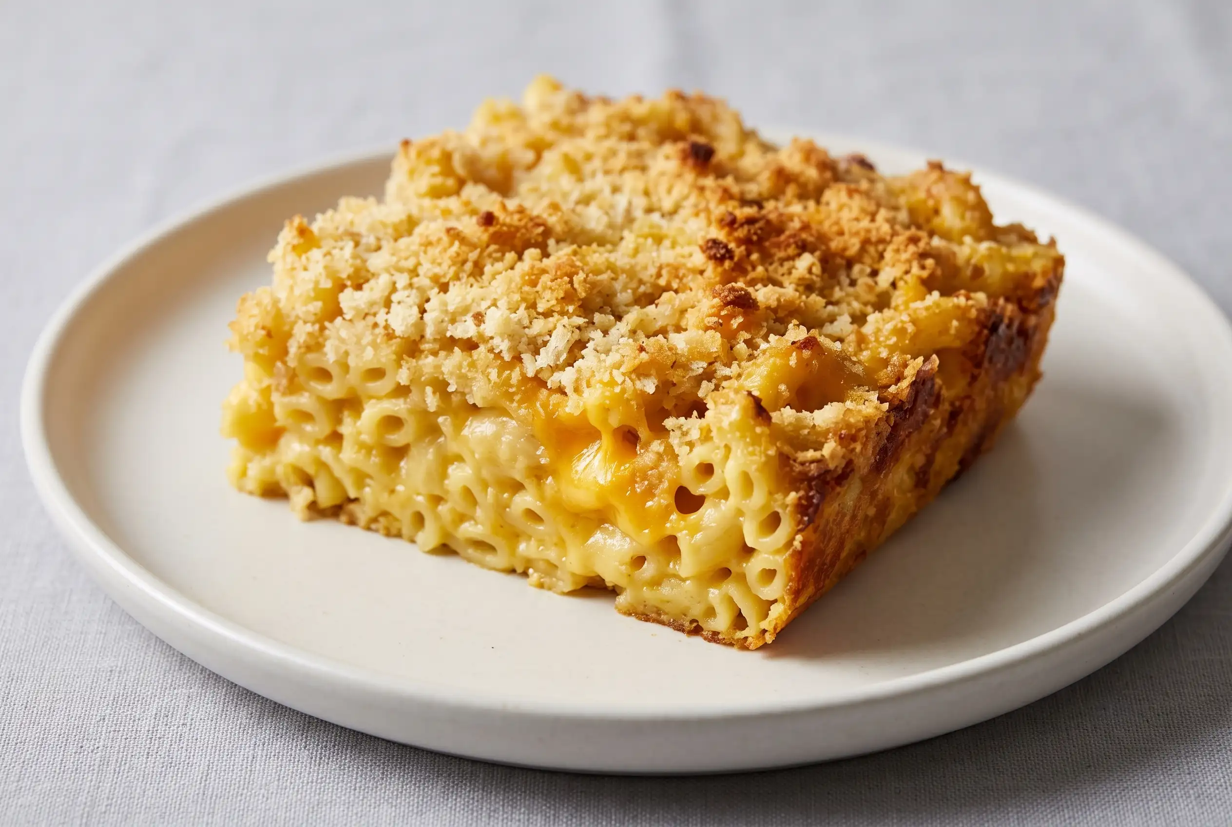 Baked mac and cheese with cheddar and breadcrumb topping on a ceramic plate