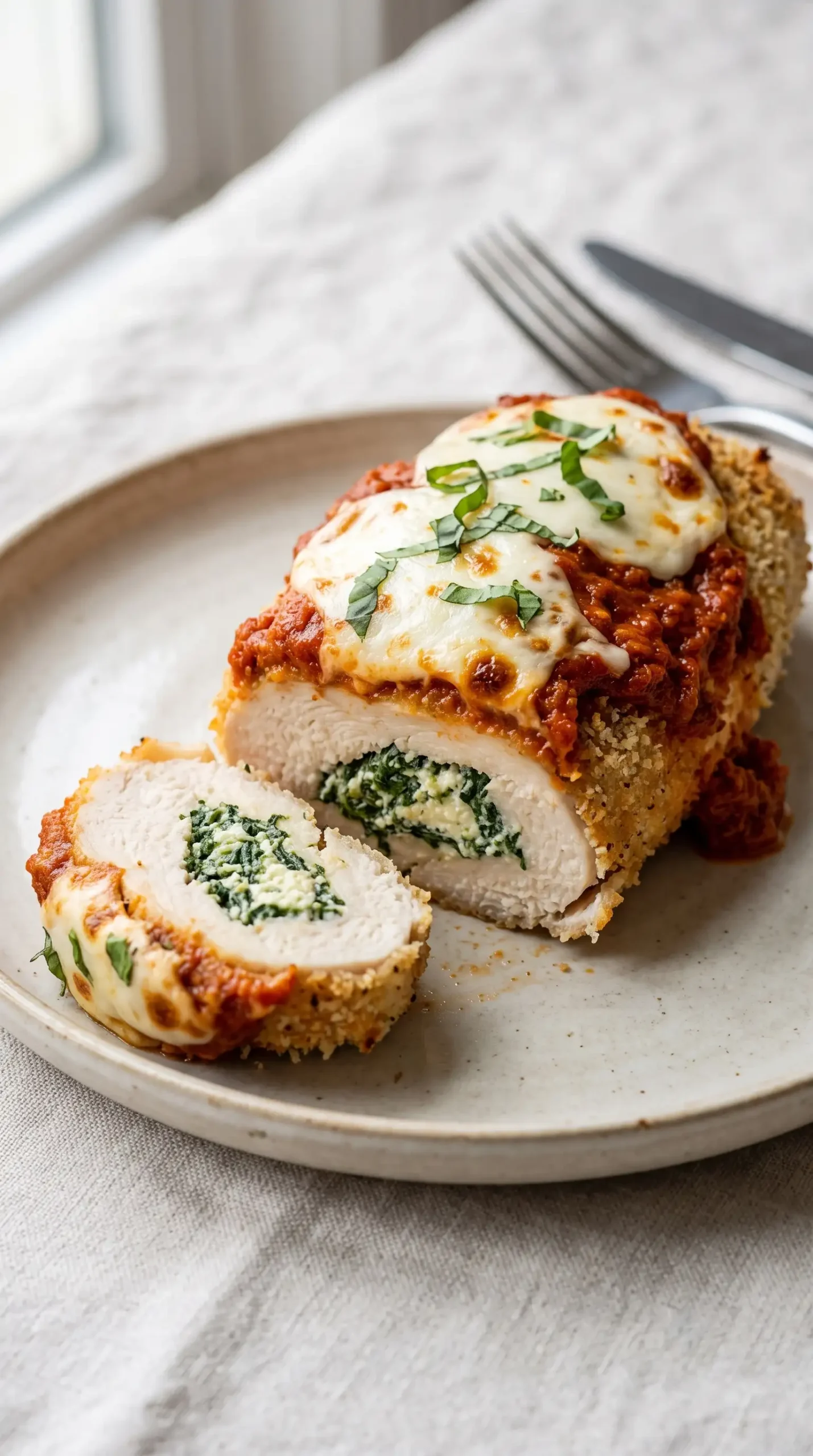 Baked mozzarella chicken roll topped with marinara sauce, melted cheese, and basil