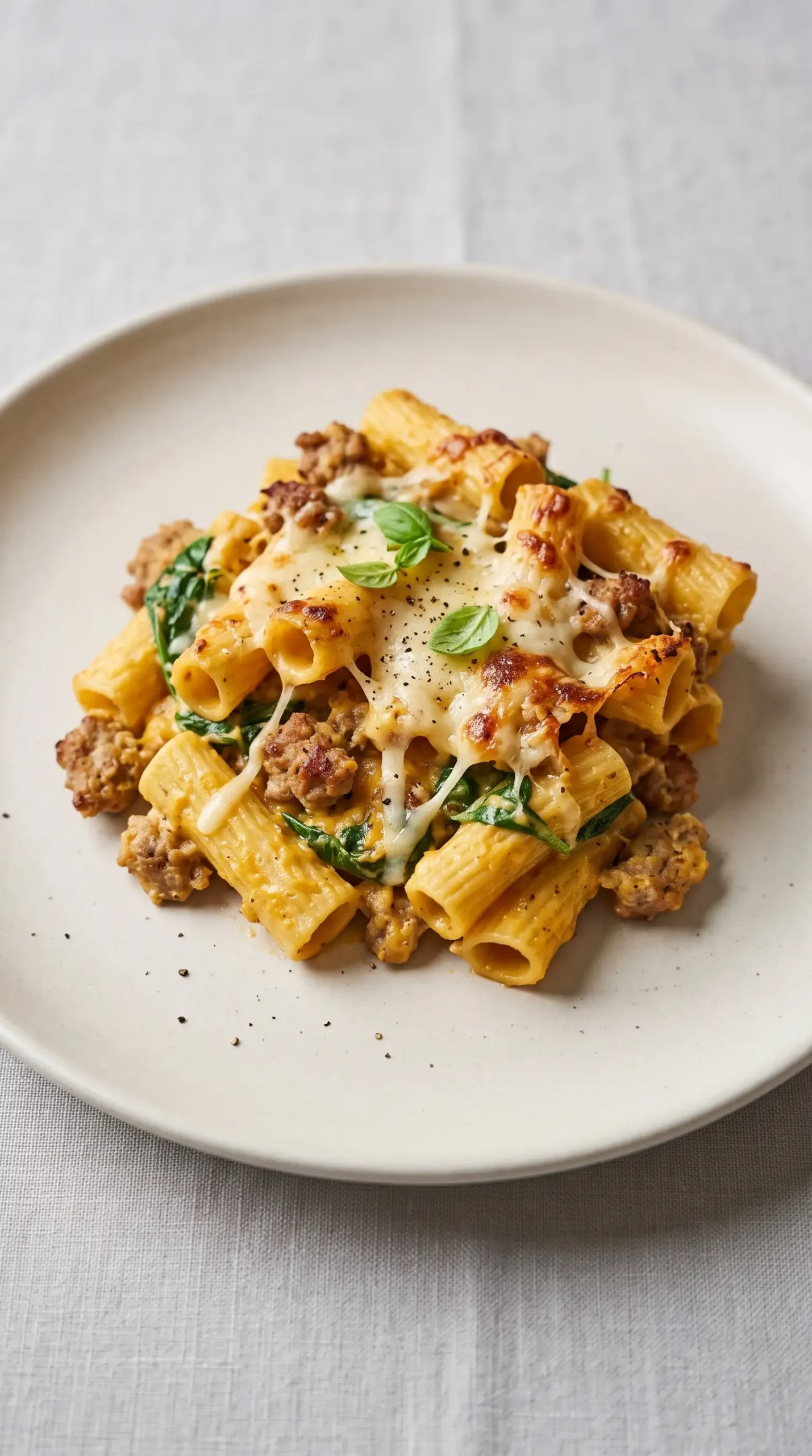 Serving of baked rigatoni with spinach, Provolone, turkey, and creamy squash sauce