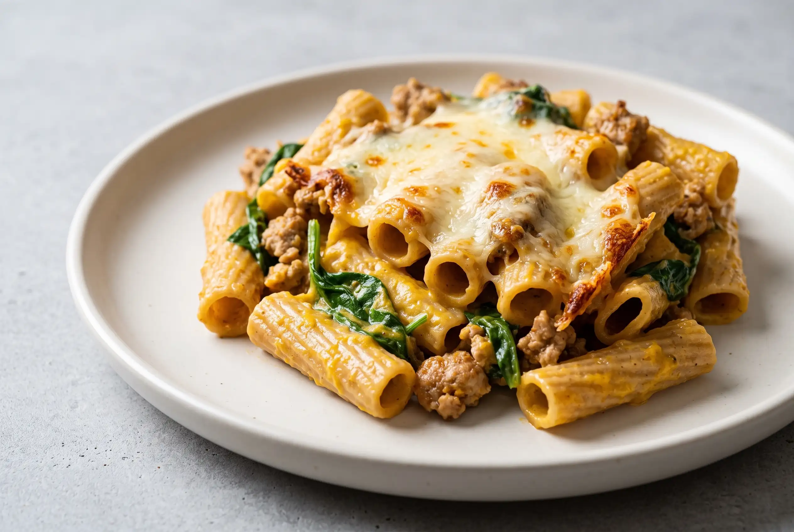 Baked rigatoni with spinach, Provolone, and turkey in a creamy squash sauce with browned cheese