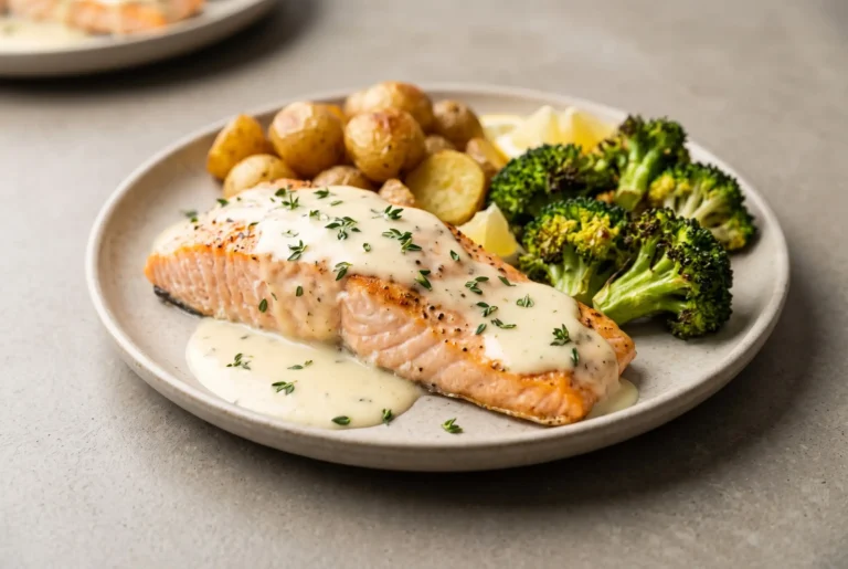 Baked salmon with lemon cream sauce, roasted potatoes, and broccoli on a plate