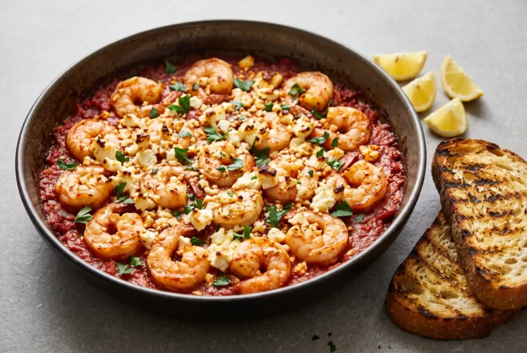 Baked shrimp with feta in tomato sauce with grilled sourdough in a skillet