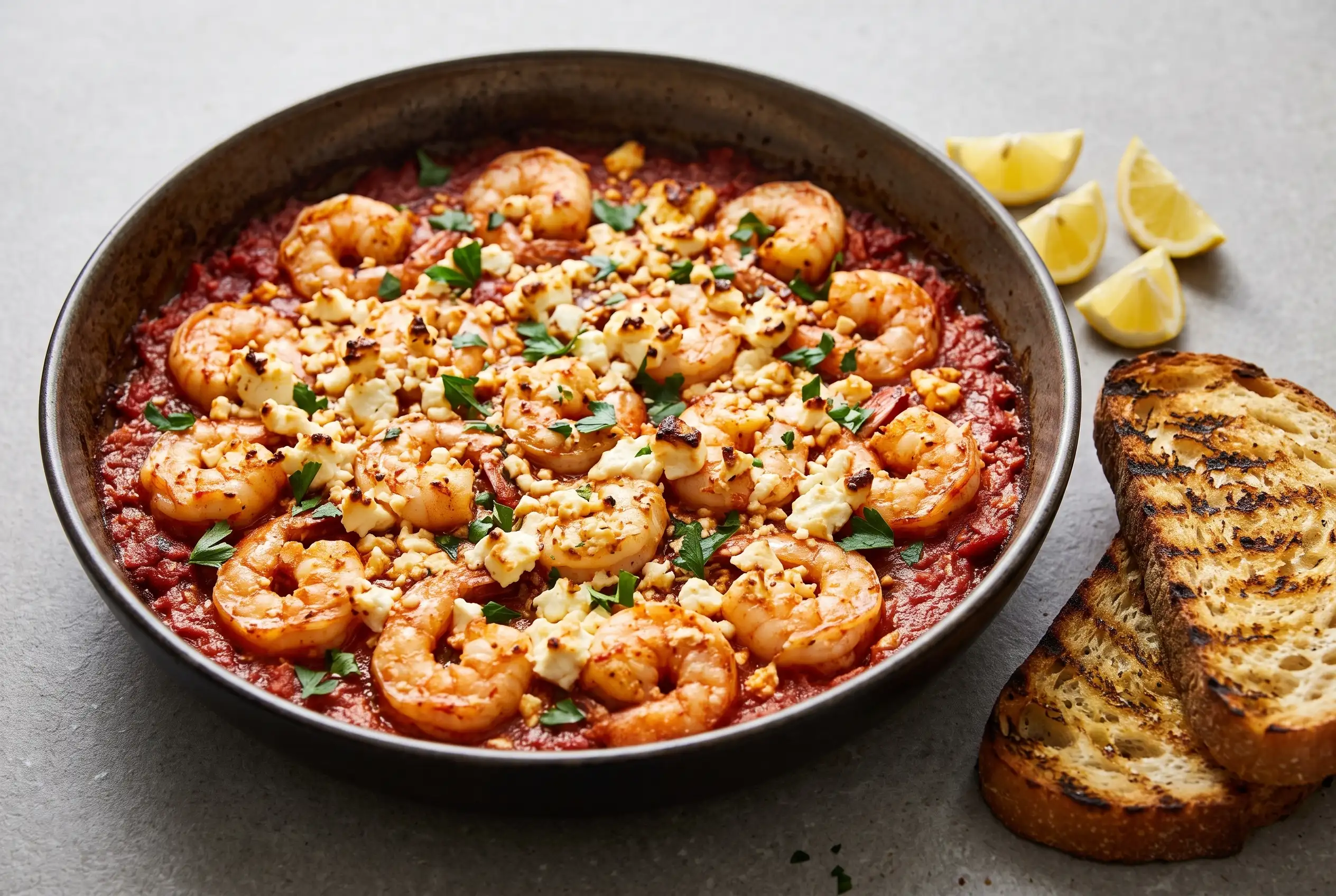 Baked shrimp with feta in tomato sauce with grilled sourdough in a skillet