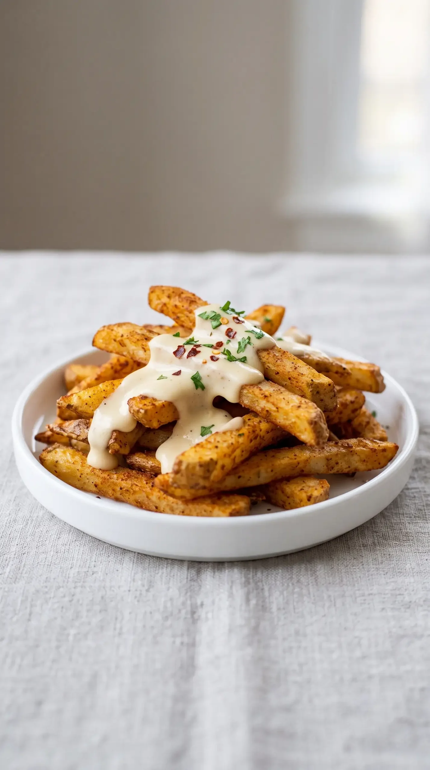 Golden baked spicy fries topped with creamy garlic cheese sauce