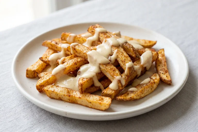 Baked spicy fries with garlic cheese sauce on thick-cut Idaho potato fries