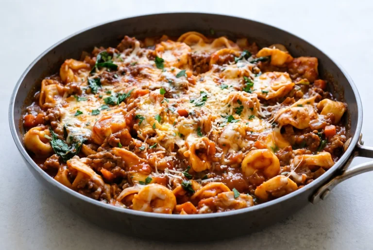 Baked tortellini with sausage, tomato sauce, spinach, and melted mozzarella in a skillet